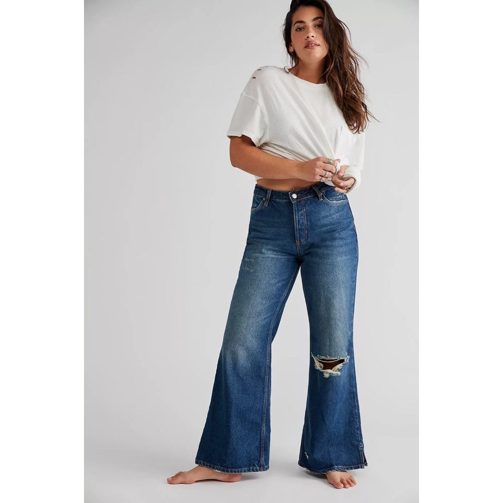 Free People Dark Blue Distressed Wide Leg Jeans